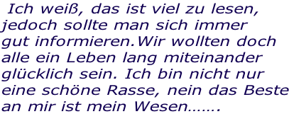 Ich weiß, das ist viel zu lesen, jedoch sollte man sich immer gut informieren.Wir wollten doch alle ein Leben lang miteinander glücklich sein. Ich bin nicht nur  eine schöne Rasse, nein das Beste an mir ist mein Wesen…….